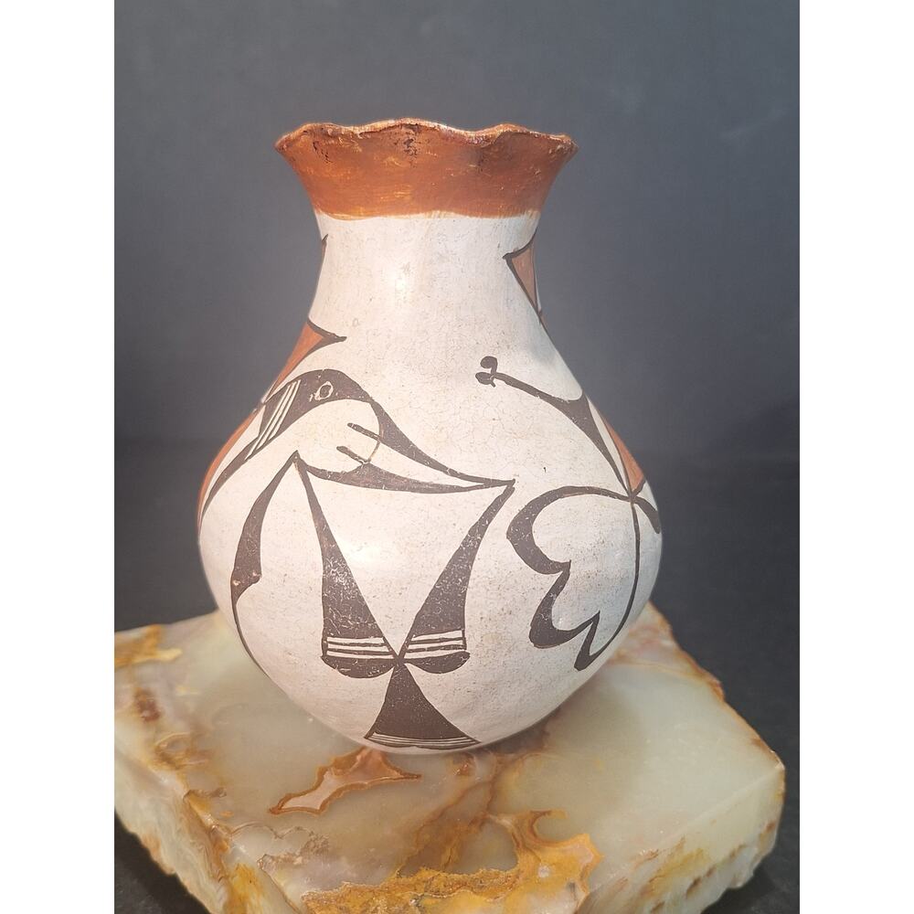 Early Acoma Pueblo Pottery Vase Bird Motif N Mex Hand Painted Olla 5" VG